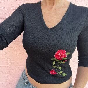 Vintage Charlotte Russe Cropped Knit Top Rose Black Babydoll Embroidered